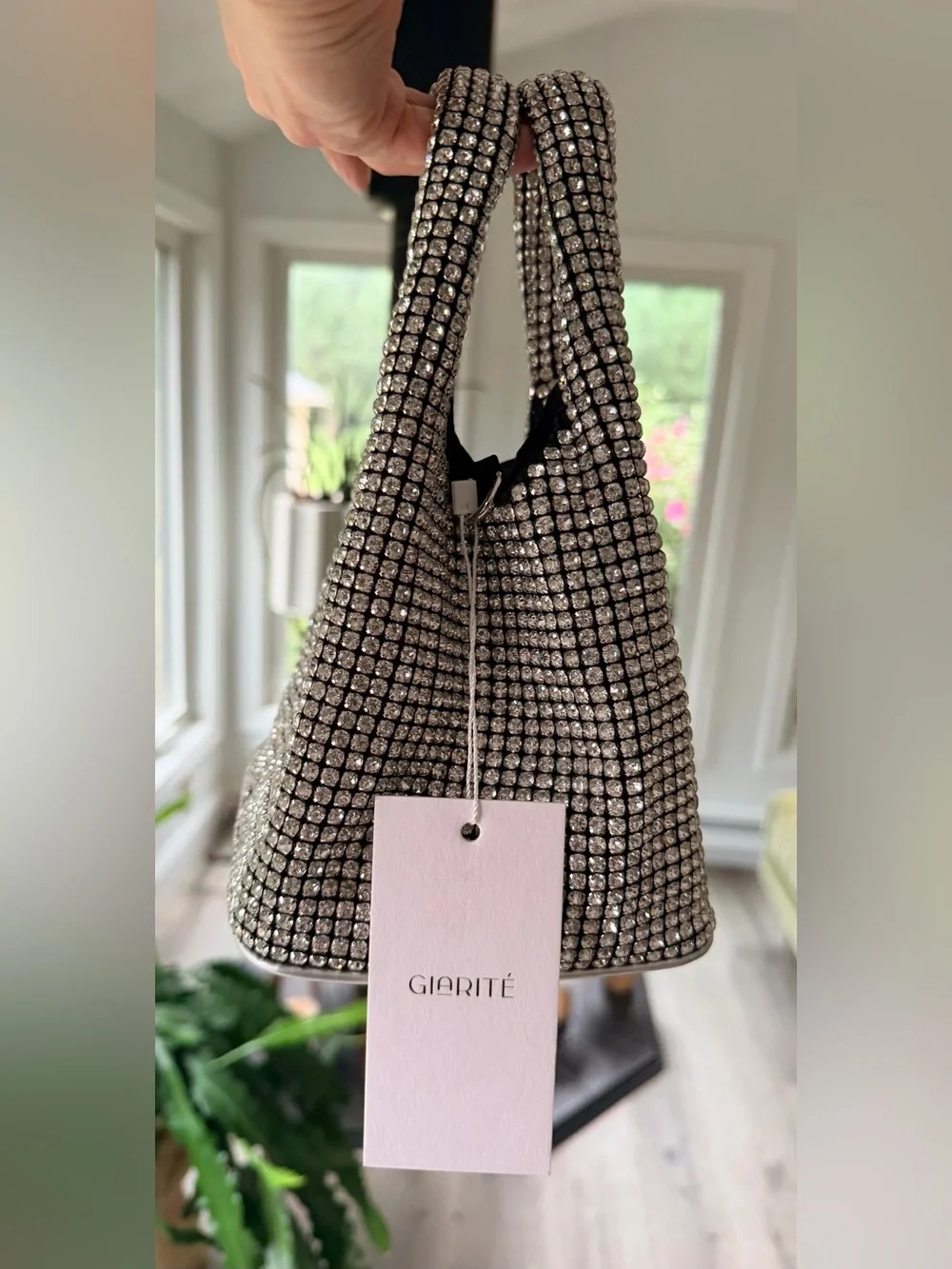 NEW w TAG GIARITÉ Brilly Silver Crystal Bucket Bag w Silver Tone Crossbody Strap